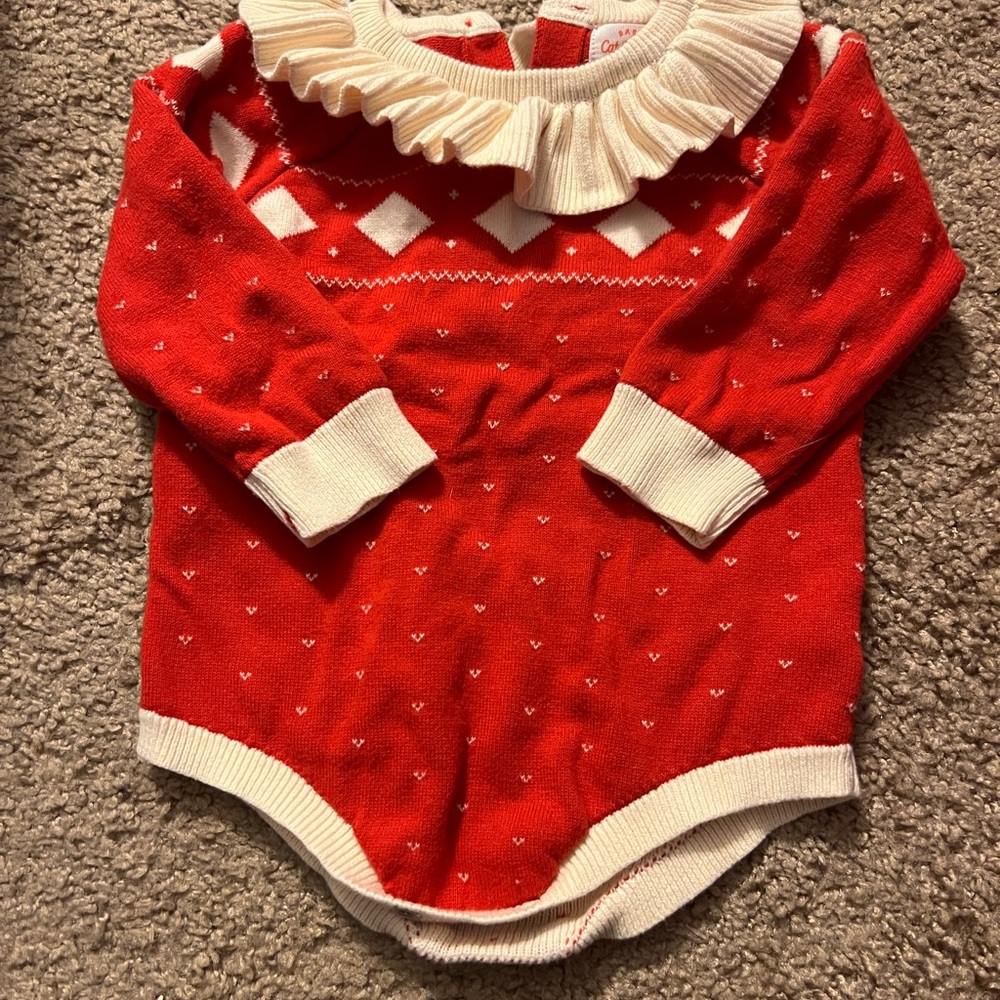 Red and White Holiday Baby Romper with Ruffle Collar